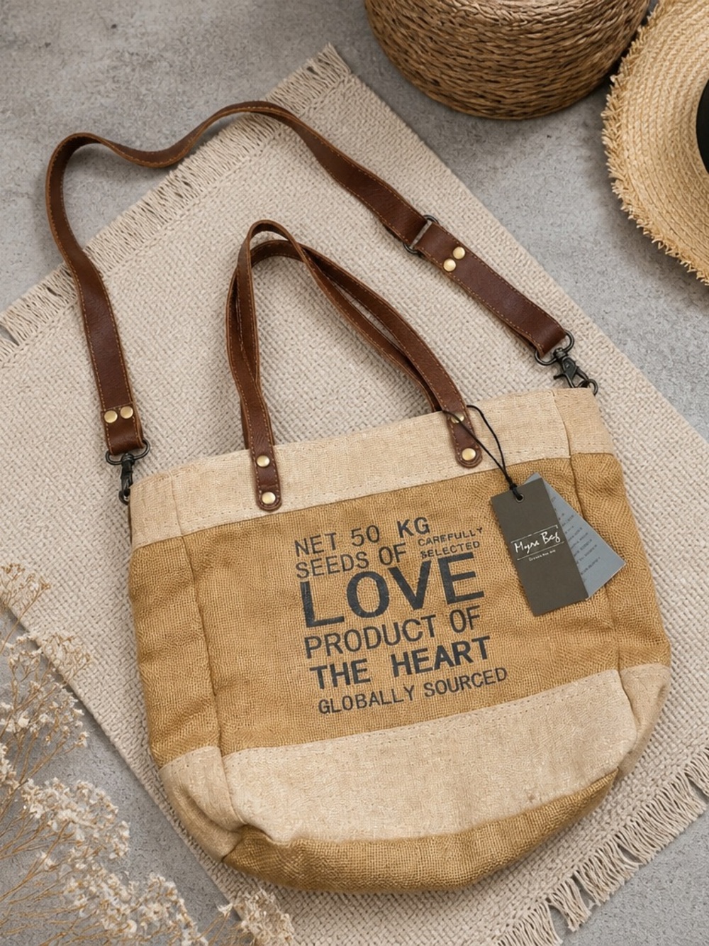 Myra Canvas & Leather Brown Tote Bag with Text Print